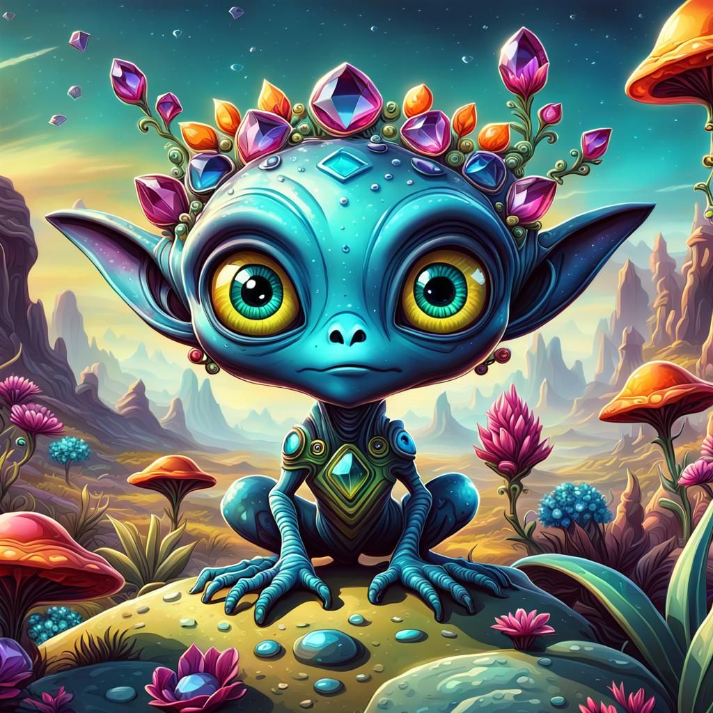 Cute Alien Friend in Whimsical Cartoon Landscape