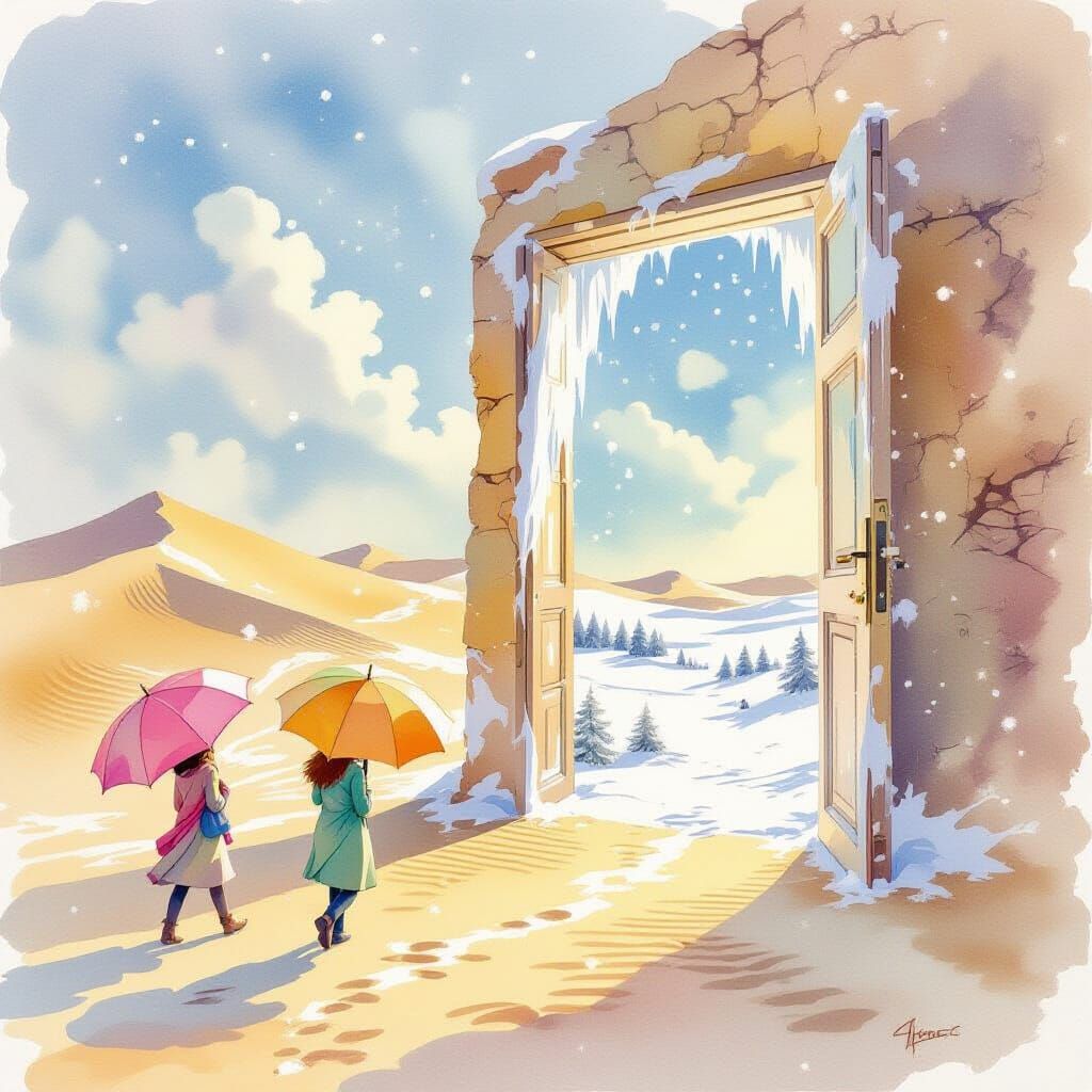 Surreal Desert Doorway to Winter in Watercolor Style