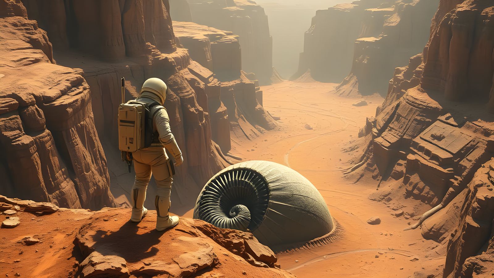 Astronaut and Alien Fossil on Mars in Retro-Futuristic Style