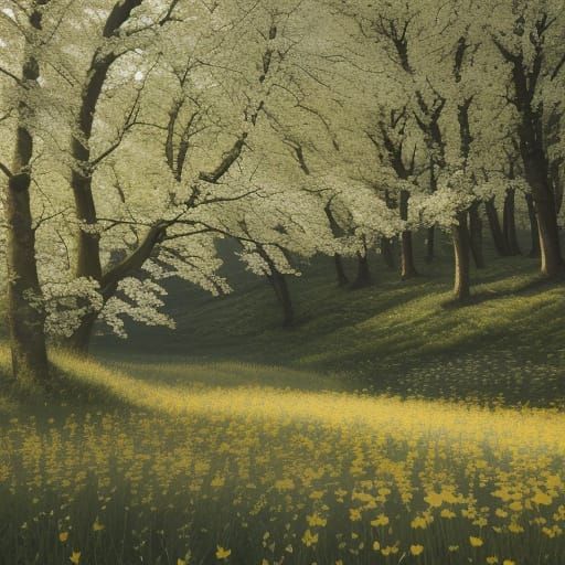 Photorealistic Wild Rose in Sunny Field, Dewdrops