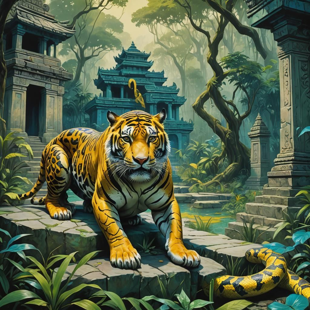 Jungle Scene with Tiger and Python in Greg Rutkowski Style