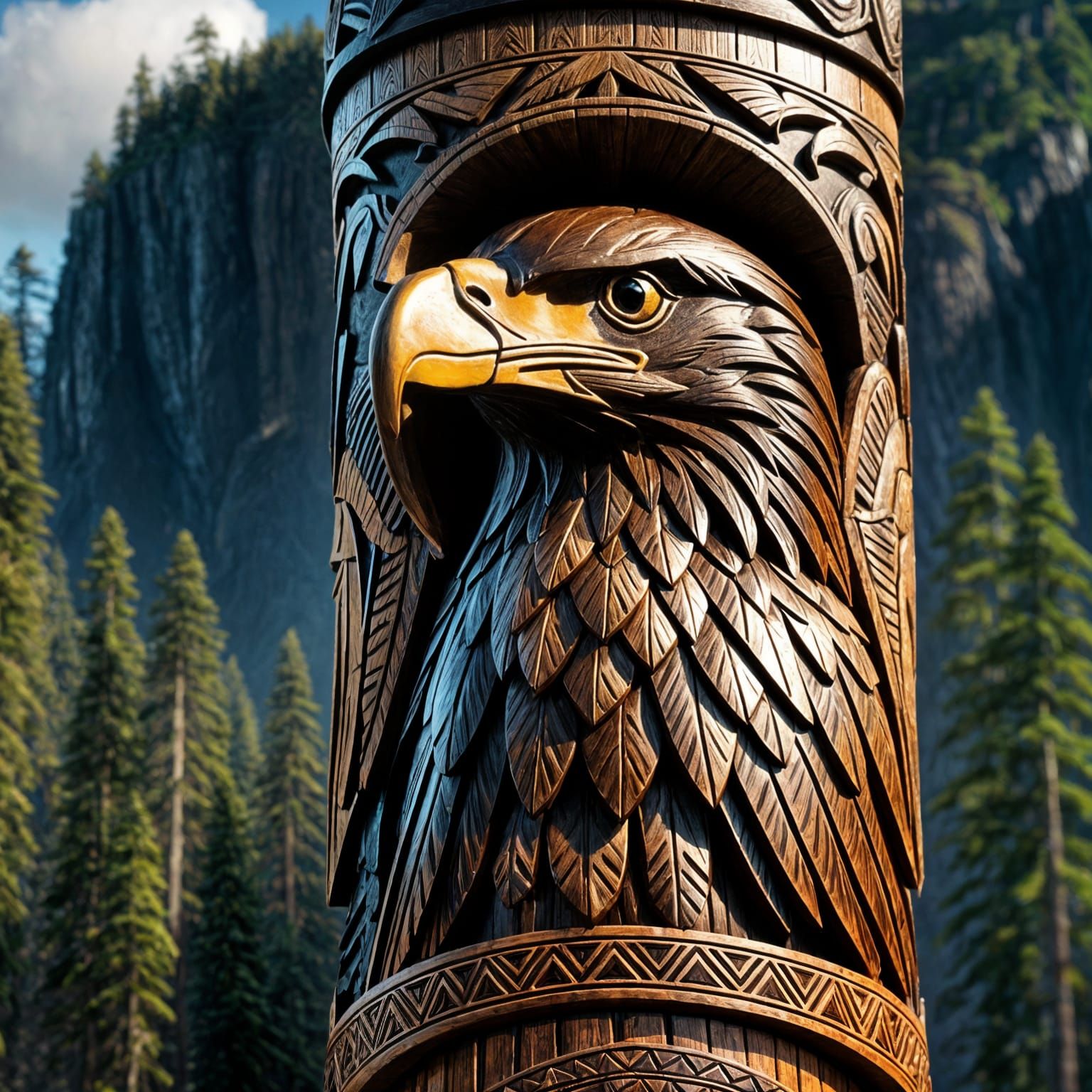 Detailed Hand-Carved Wooden Eagle Totem