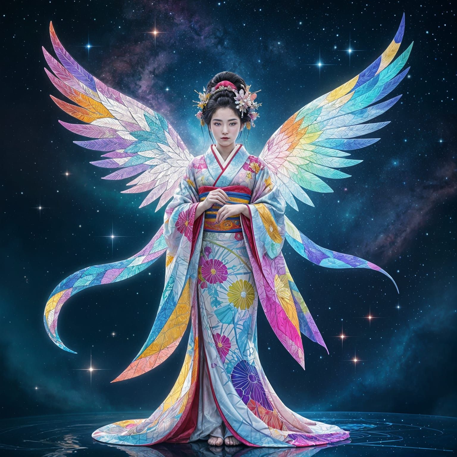 Geisha in Stained Glass Kimono with Cosmic Being