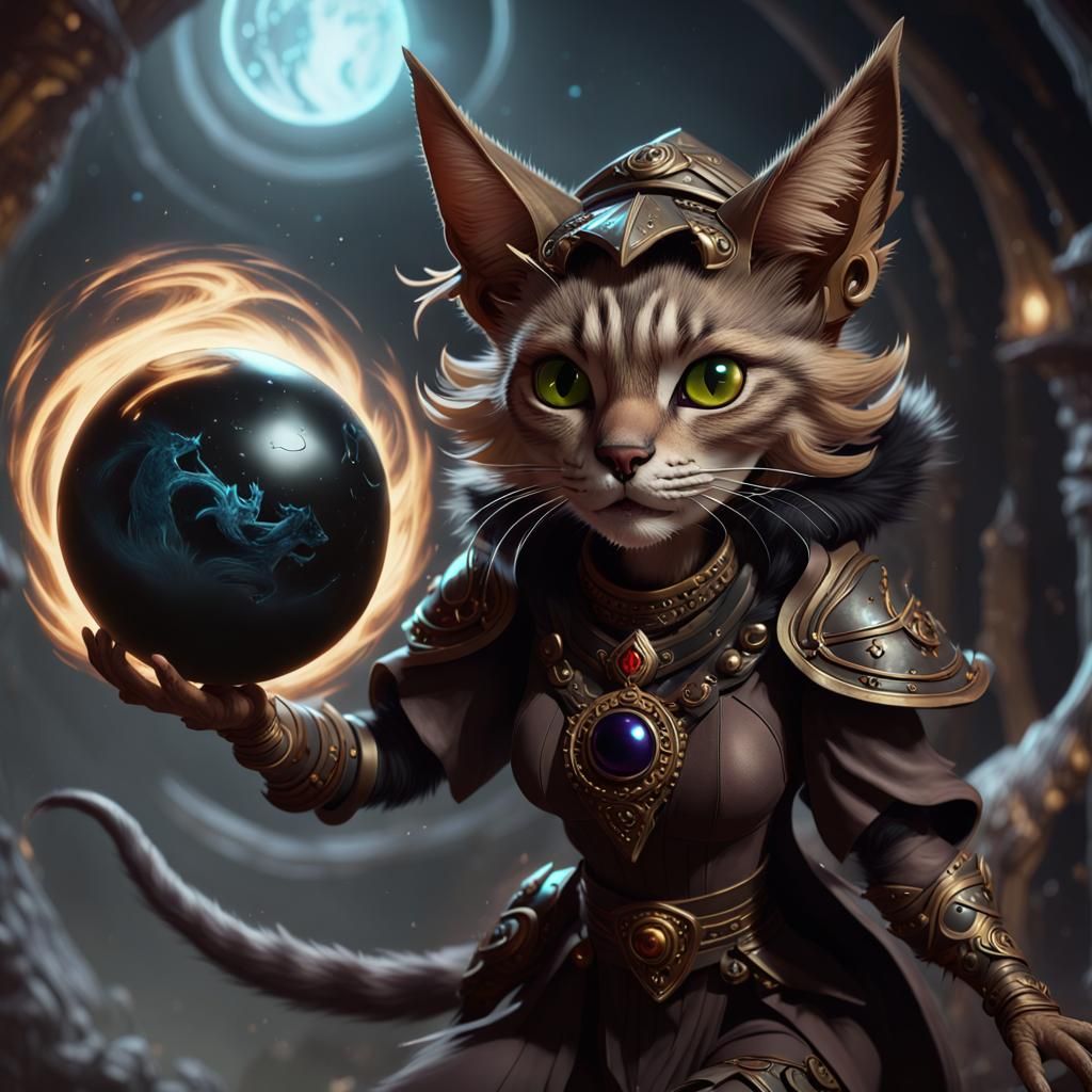 Tabaxi Witch with Dark Sphere, Fantasy Art
