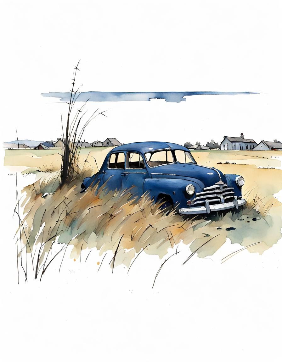 Abandoned Car in Watercolour Style