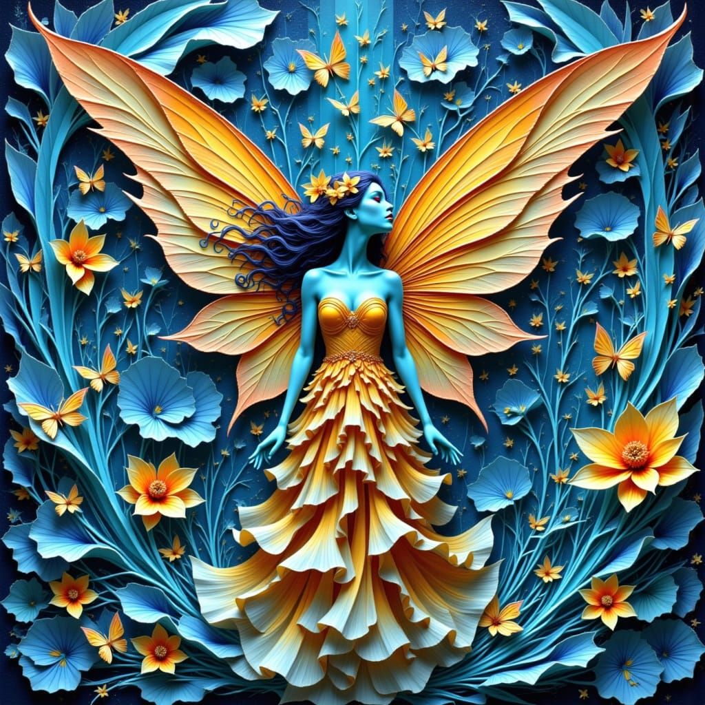 Fairy in Intricate Attire with Kirigami Wings in Zentangle W...