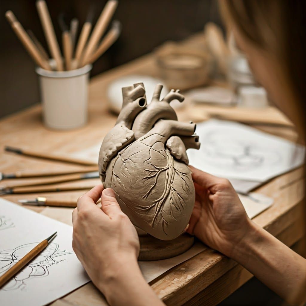 Sculptor's Delicate Touch on Heart-Shaped Clay Masterpiece
