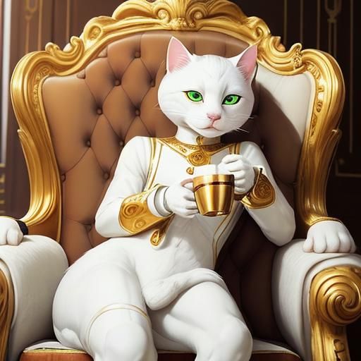 White Cat Prince Drinks Coffee on Golden Throne