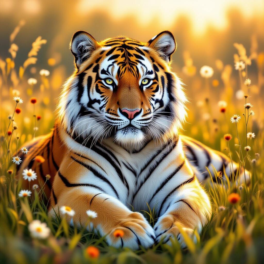 Siberian Tiger Lounging in a Wildflower Meadow