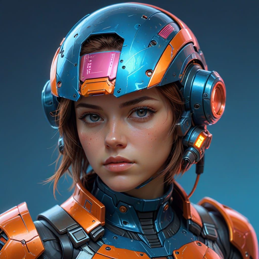 Cyberpunk Woman in Mechanical Armor with Pink Visor