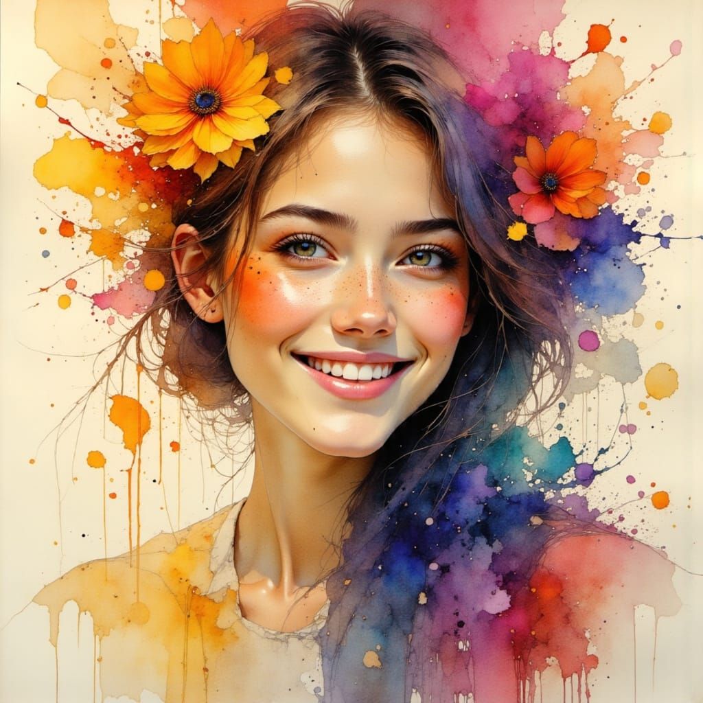 Smiling Woman in Watercolor and Ink Dreamscape