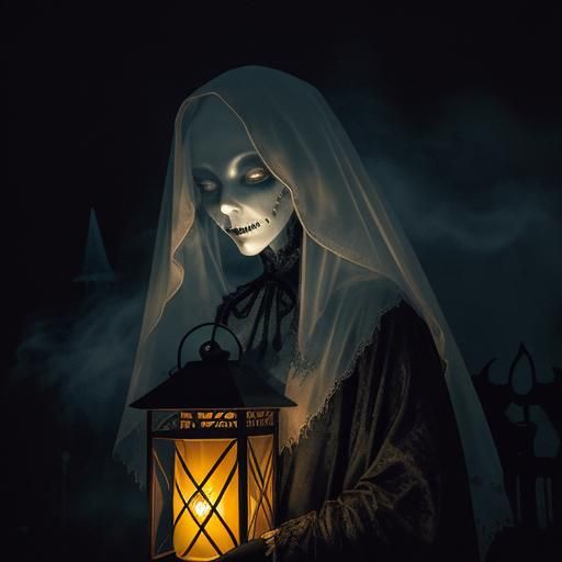 Ghostly Witch in Crypt with Lantern: Surreal Horror