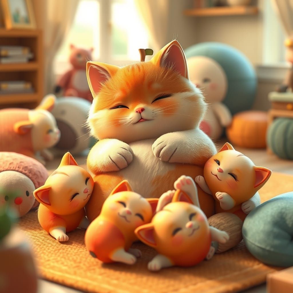 Cozy Apple Cat and Kittens in a Whimsical 3D Anime Home