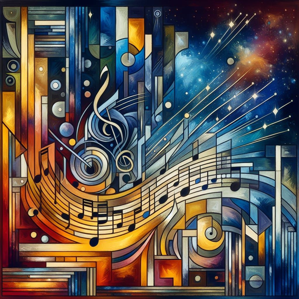 Surreal Cubist Oil Painting of Music Notes in Space