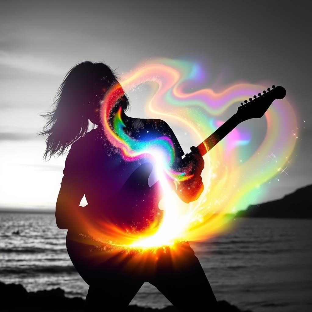 Double Exposure: Guitarist Silhouette Meets Sunset Coast