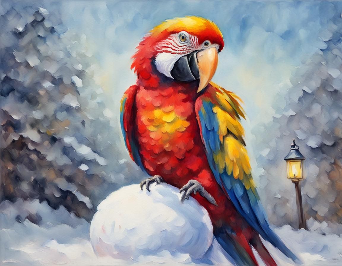 Parrot Creates Snowman: Gouache Impressionist Masterpiece