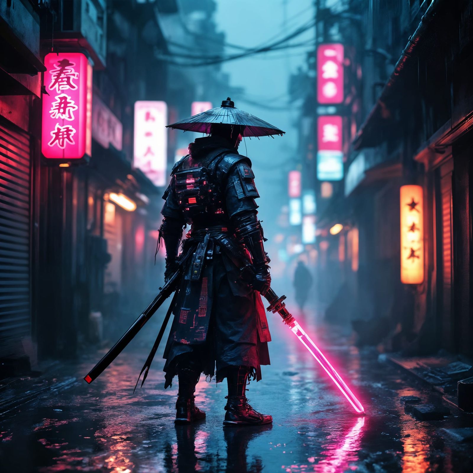 Cyberpunk Samurai in Neon Rain