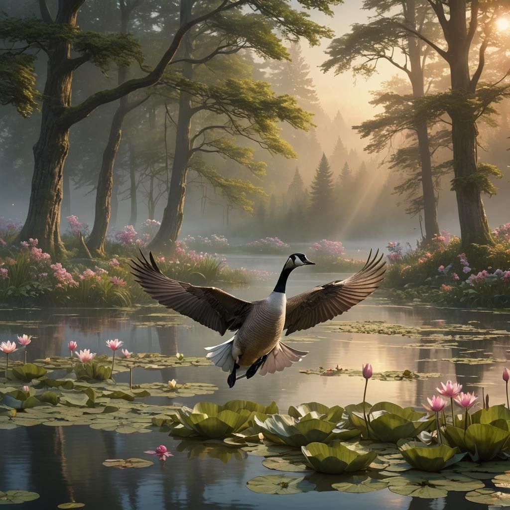 Canadian Goose Soars Over Lake in Spring