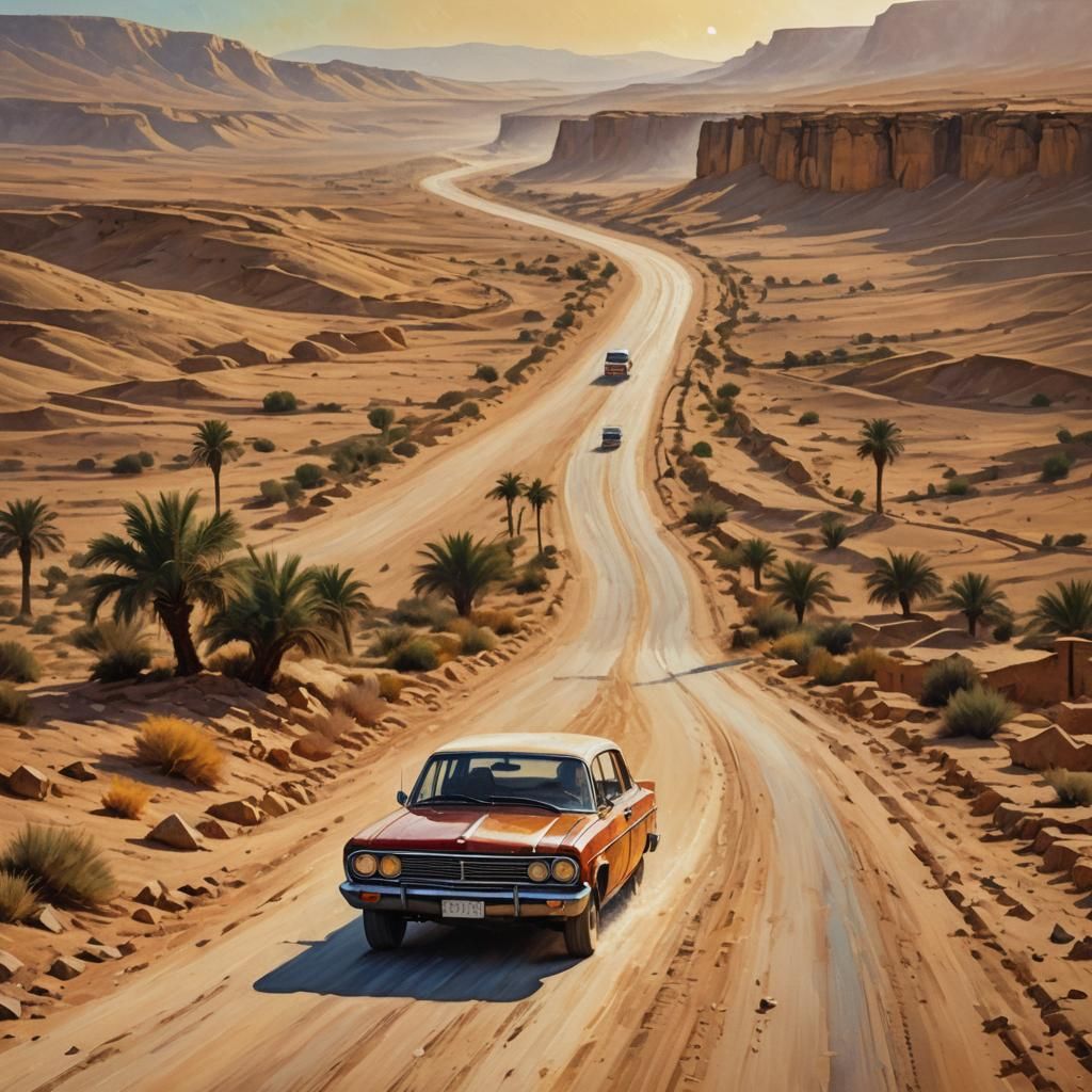 Dusty Car in Syrian Desert: Oil Painting
