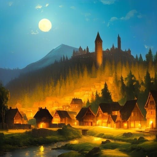 Ethereal Medieval Town in Moonlit Forest