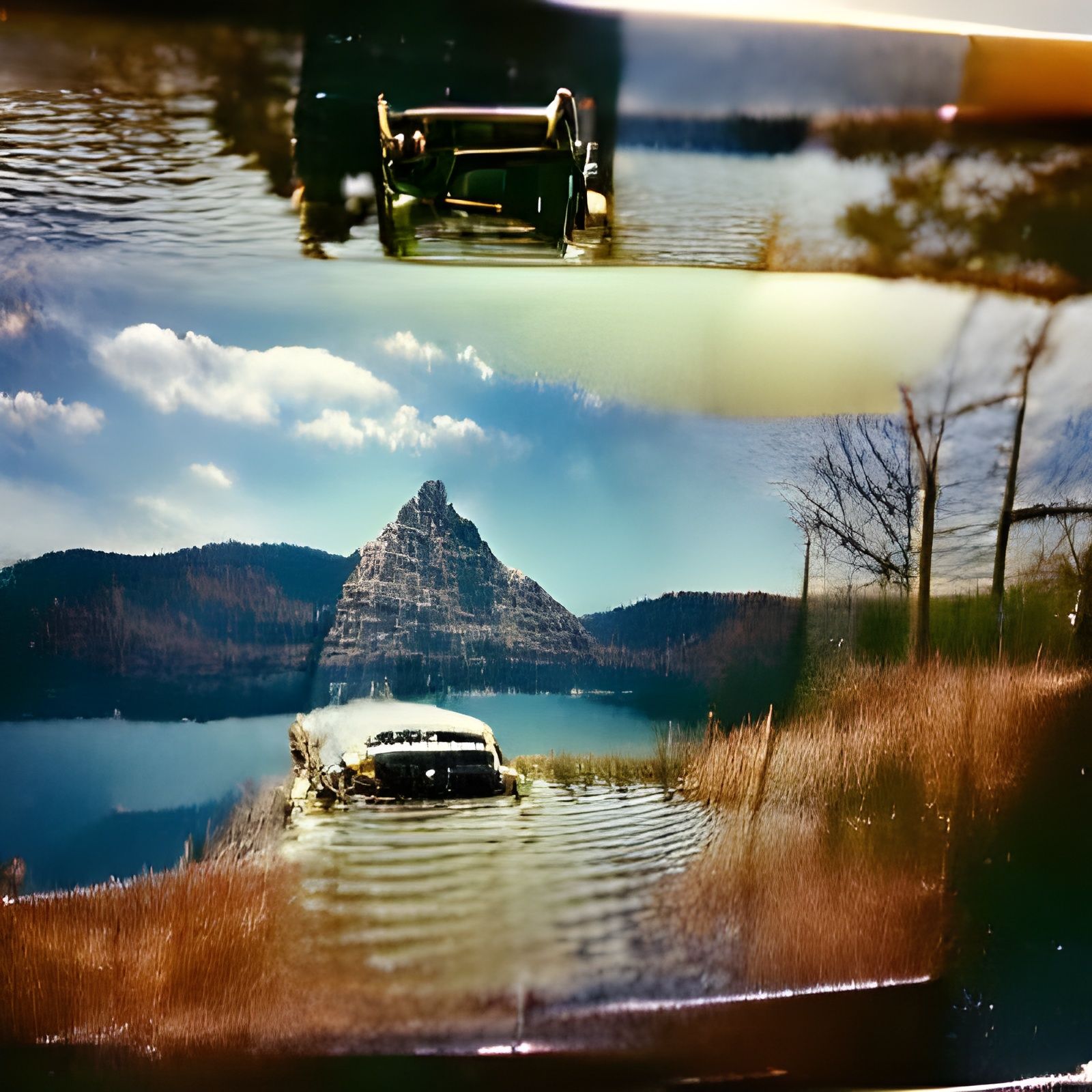 Car by Lake and Mountain in Film Style