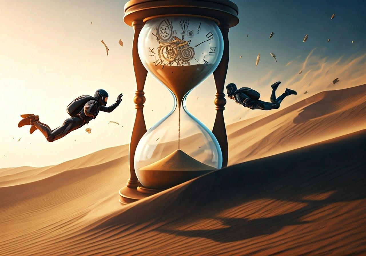 Surreal Skydivers Leap from Hourglass in Dreamscape