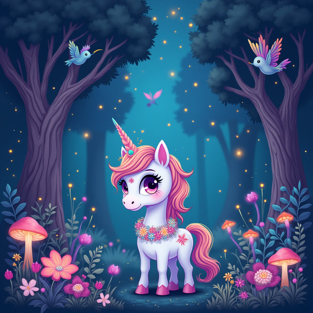 Chibi Unicorn in Bioluminescent Forest