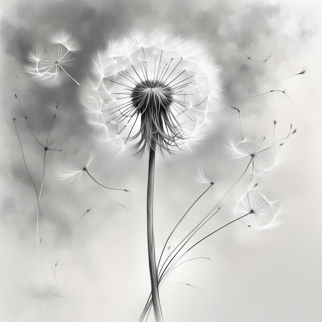 Realistic Pencil Sketch of Dandelion in Wind