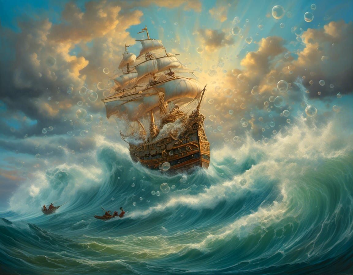 Surreal Sword Rides Stormy Waves: Hyperrealistic Oil Paintin...