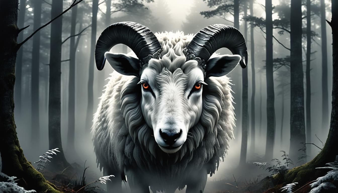 Surreal Sheep-Wolf Hybrid in Dimly Lit Forest