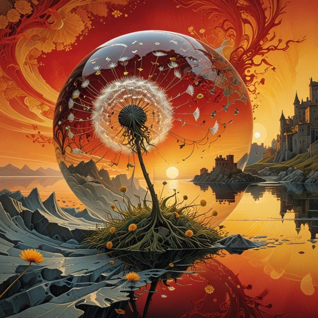 Whimsical Sunset Dandelion in Surrealist Reflections