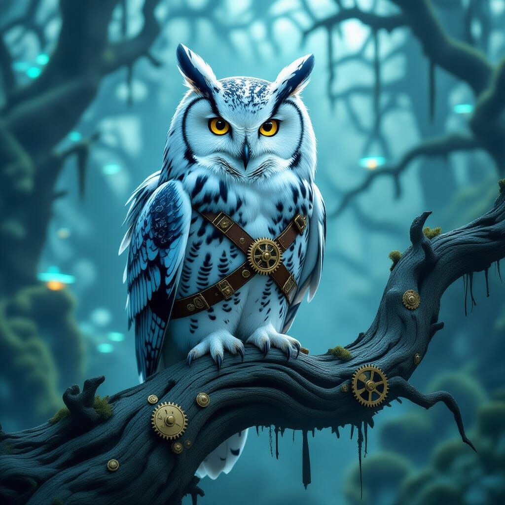 Clockwork Snowy Owl in Steampunk Forest
