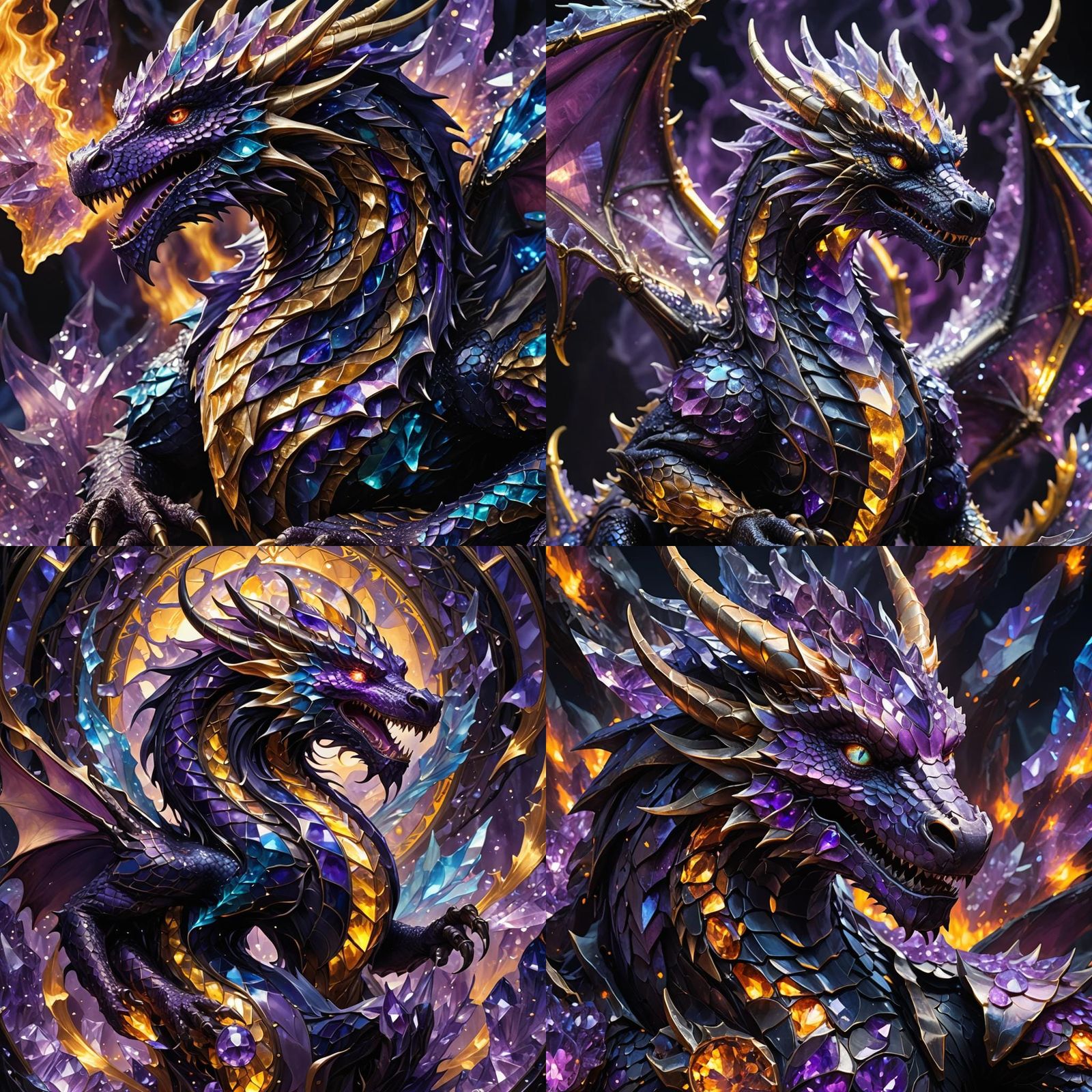 Amethyst Dragon with Blue Flames, Dark Fantasy Art