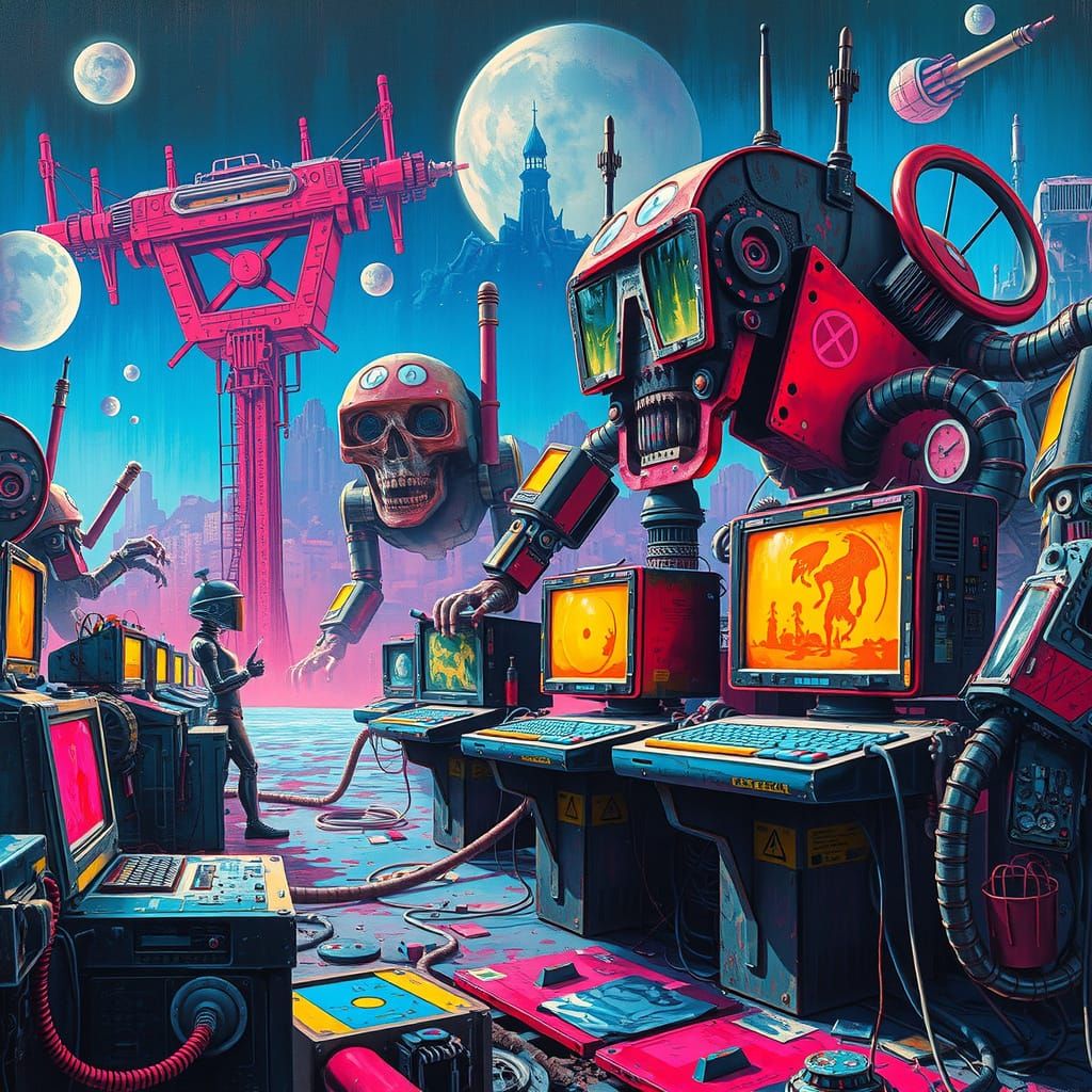 Surreal, Retrofuturistic Robots Roam a Neon-Lit Dystopia