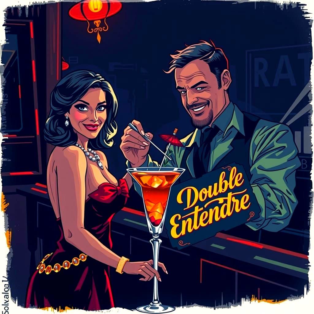 Noir Bar Scene: Bartender Serves "Double Entendre" Cocktail