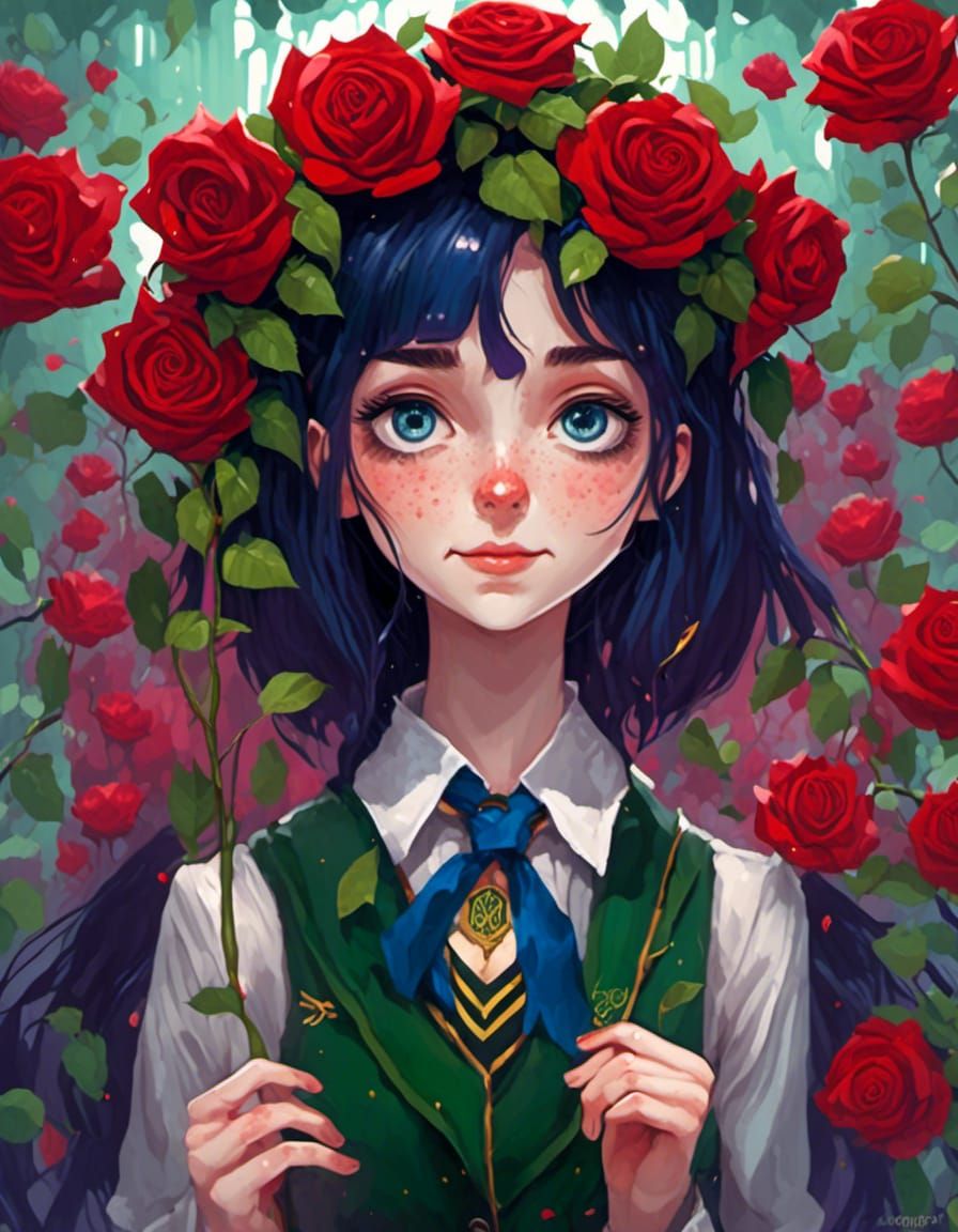 Anime Girl in Slytherin Uniform with Rose