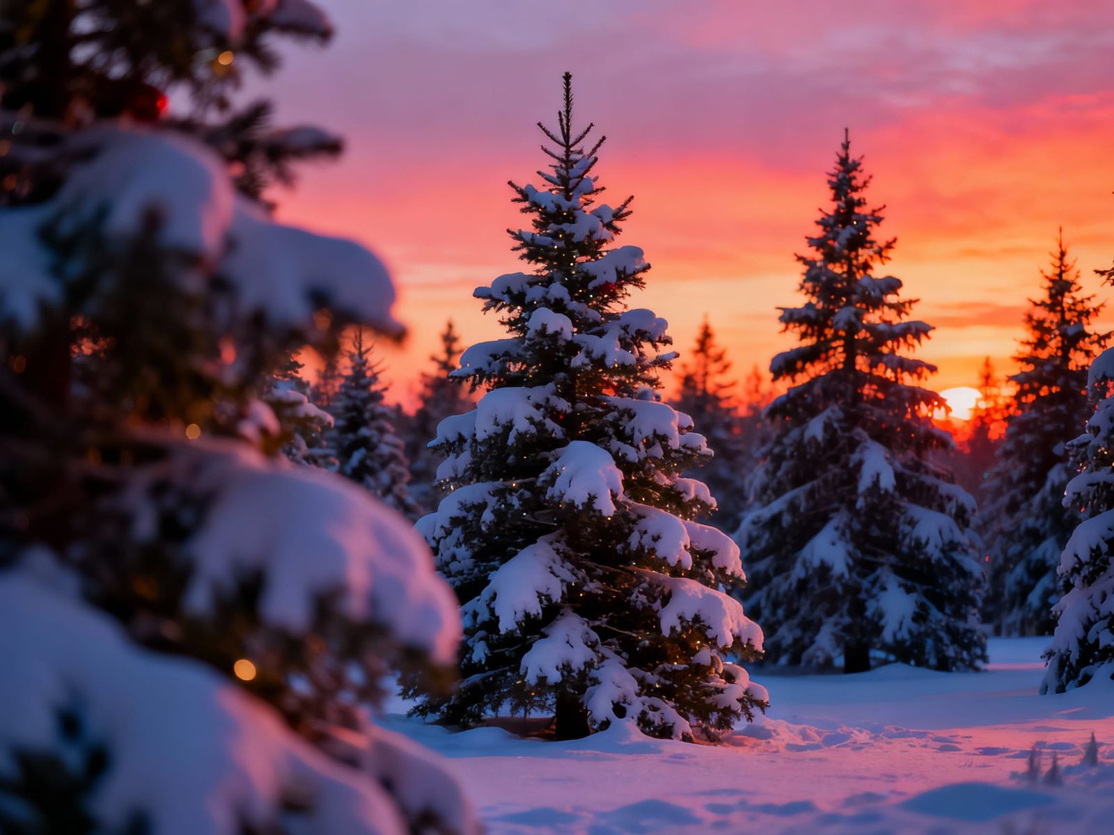 Snowy Christmas Forest at Sunset, Cinematic Style