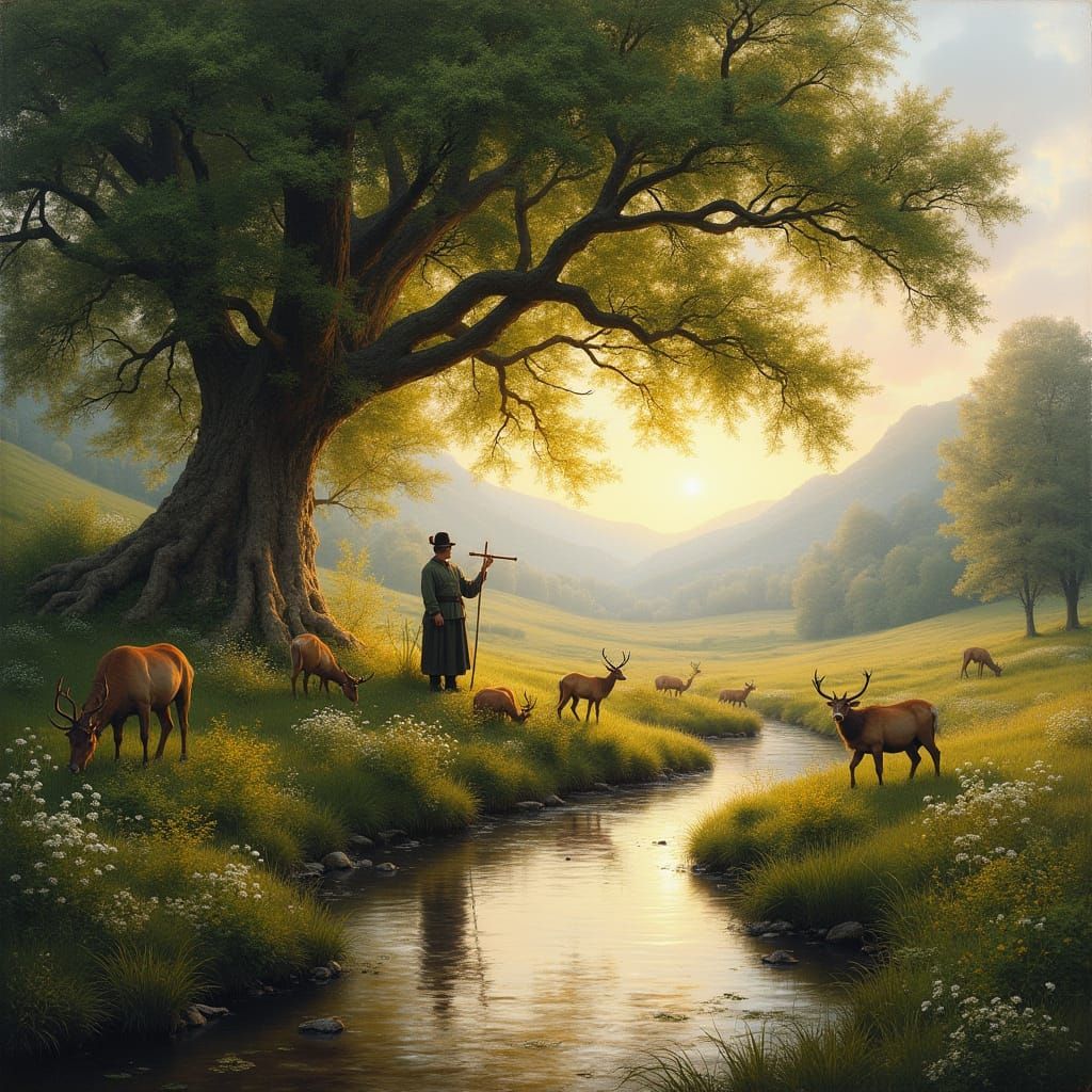 Renaissance Countryside Vista with Stream and Stags