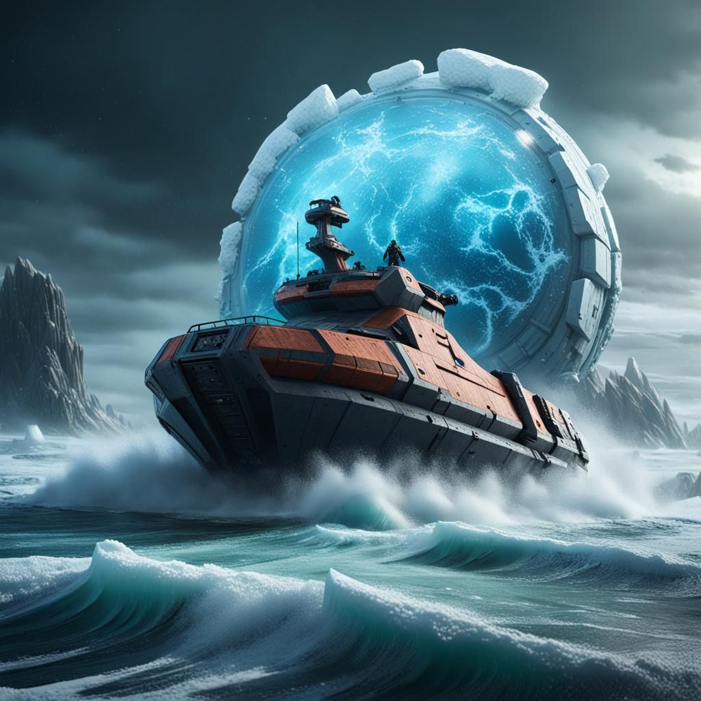 Ice Planet Survival on Stormy Sea: Detailed Matte Painting