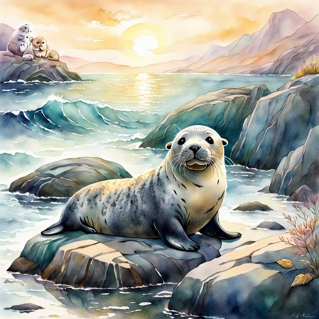 Seal Pup and Mother: Whimsical Watercolor Illustration