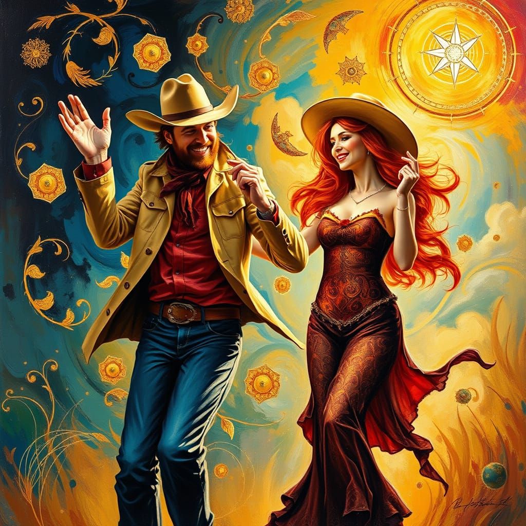 Joyful Cowboy Dance in a Vibrant, Impasto Landscape