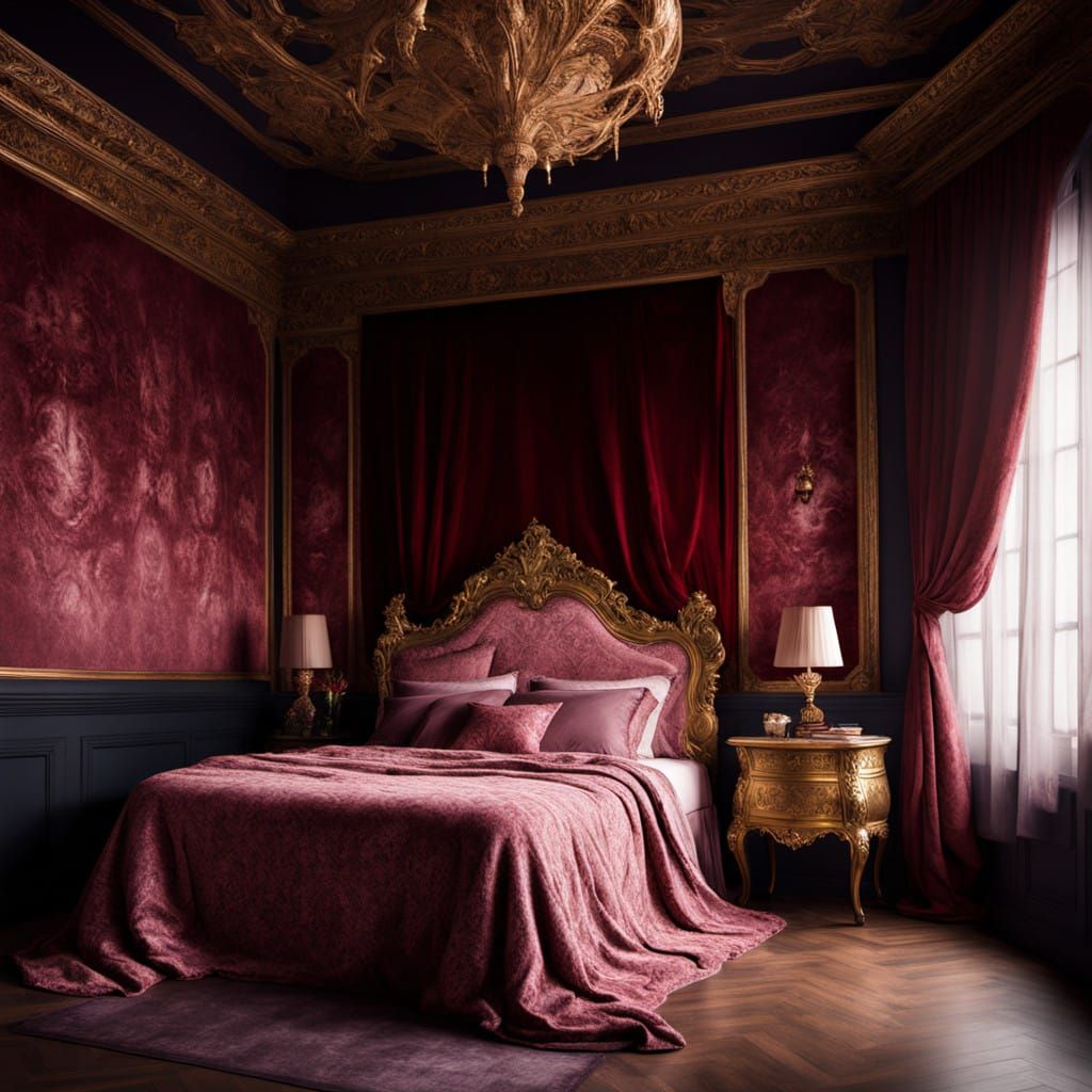 Velvet-Draped Bedroom in Rich, Dark Red with Gold Accents