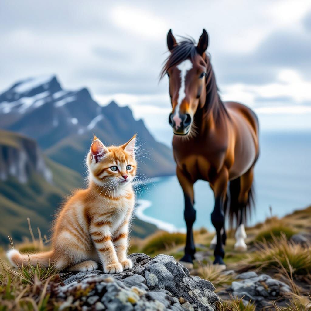 Kitten and Horse on Mountain: Cinematic Film Still