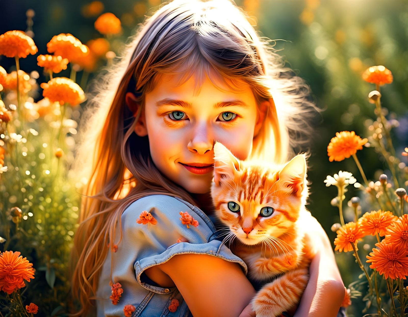 Girl with Kitten in Watercolor Wildflower Garden