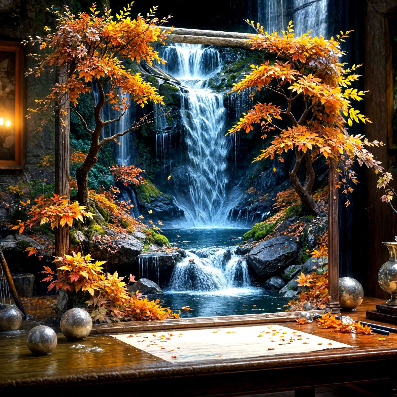 Vibrant Autumn Waterfall Unfolding from Paper