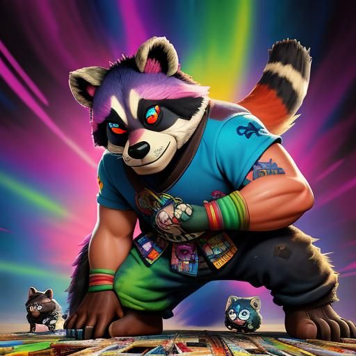Raccoon in Tie Dye Comic Book Art