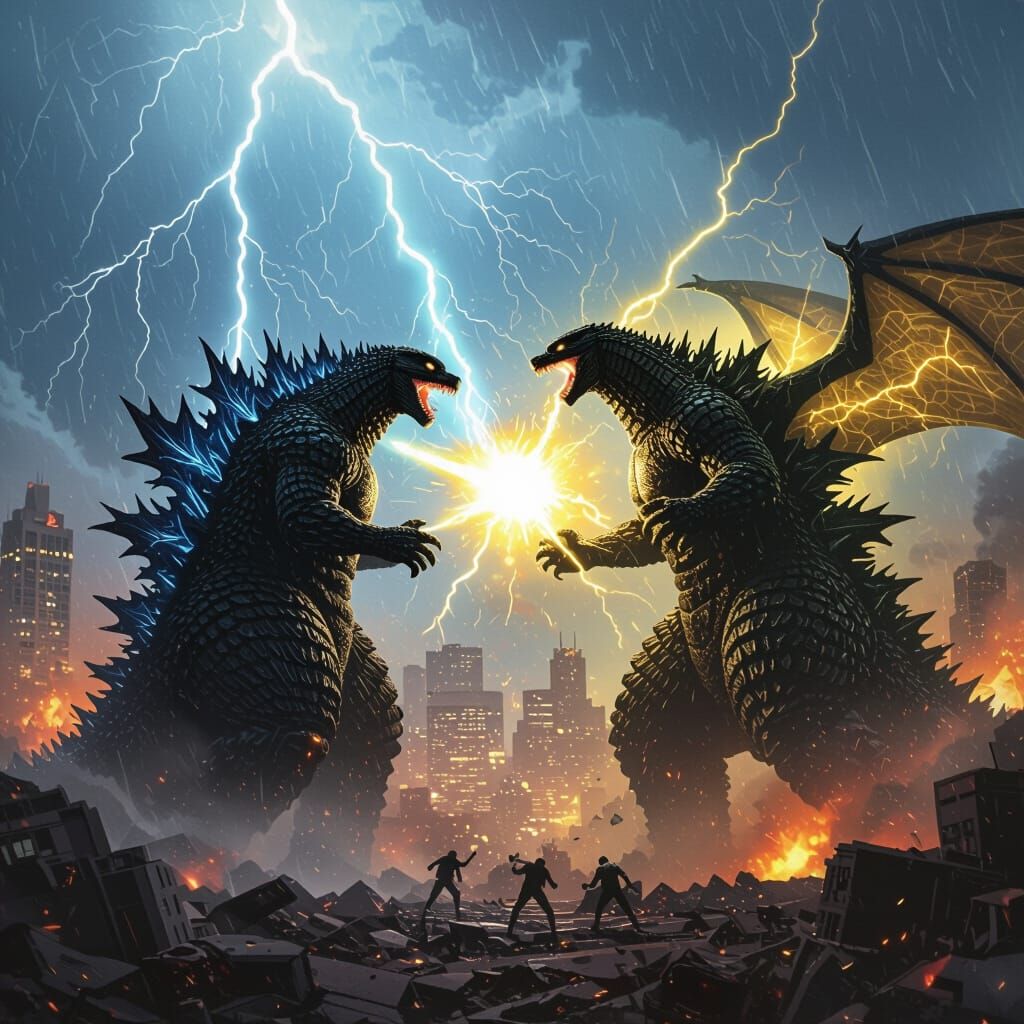 Godzilla and King Ghidorah Battle in Stormy Cityscape