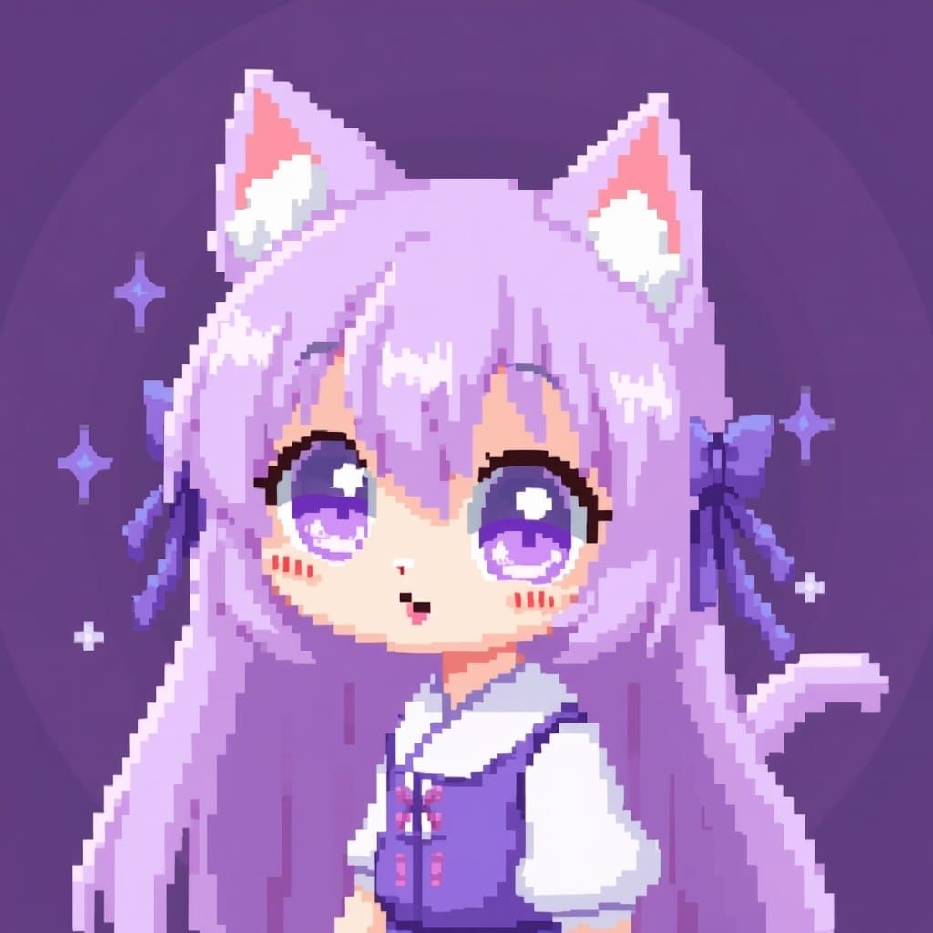 8-bit Anime Catgirl Portrait with Purple Accents