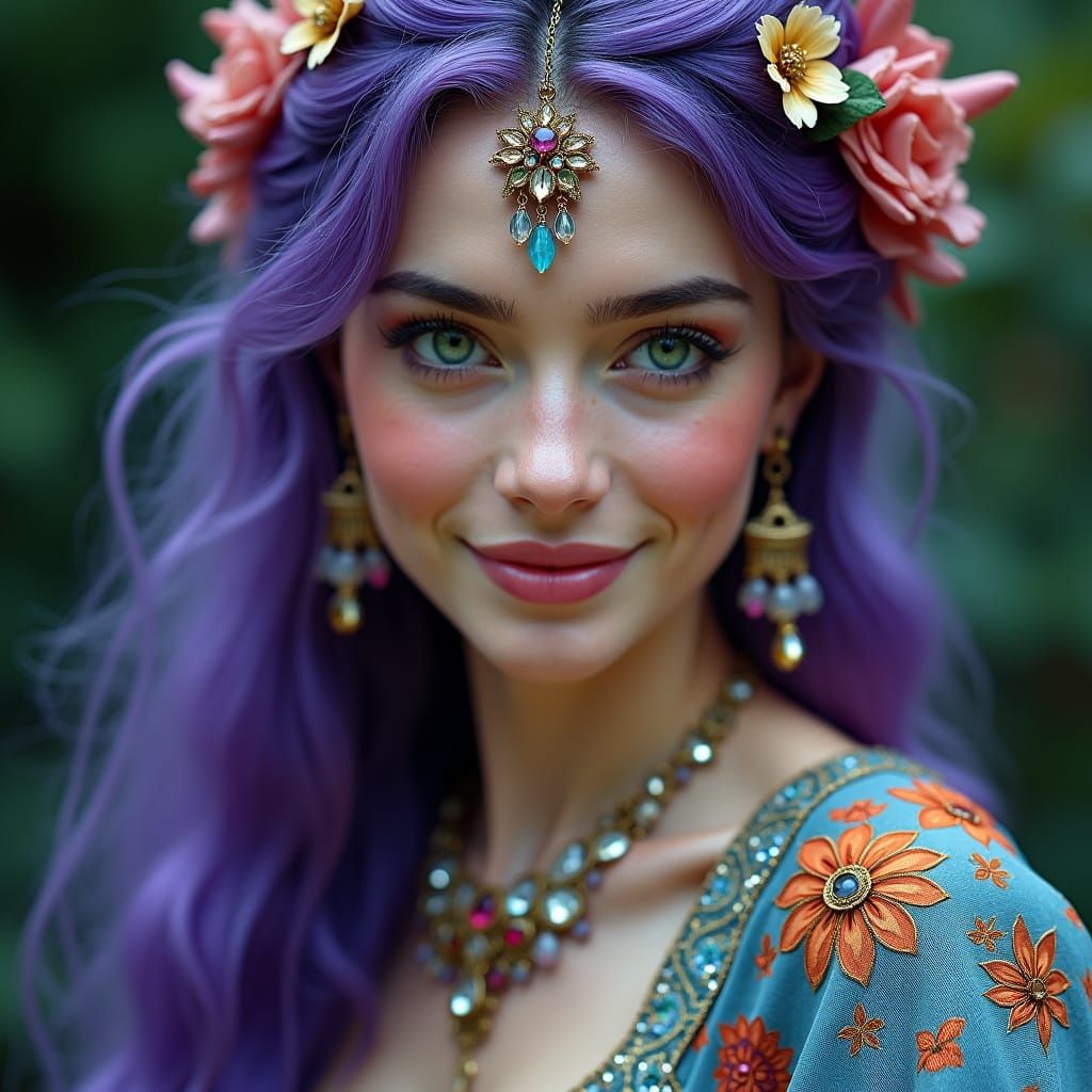 Smiling Woman with Purple Hair in HDR Portrait