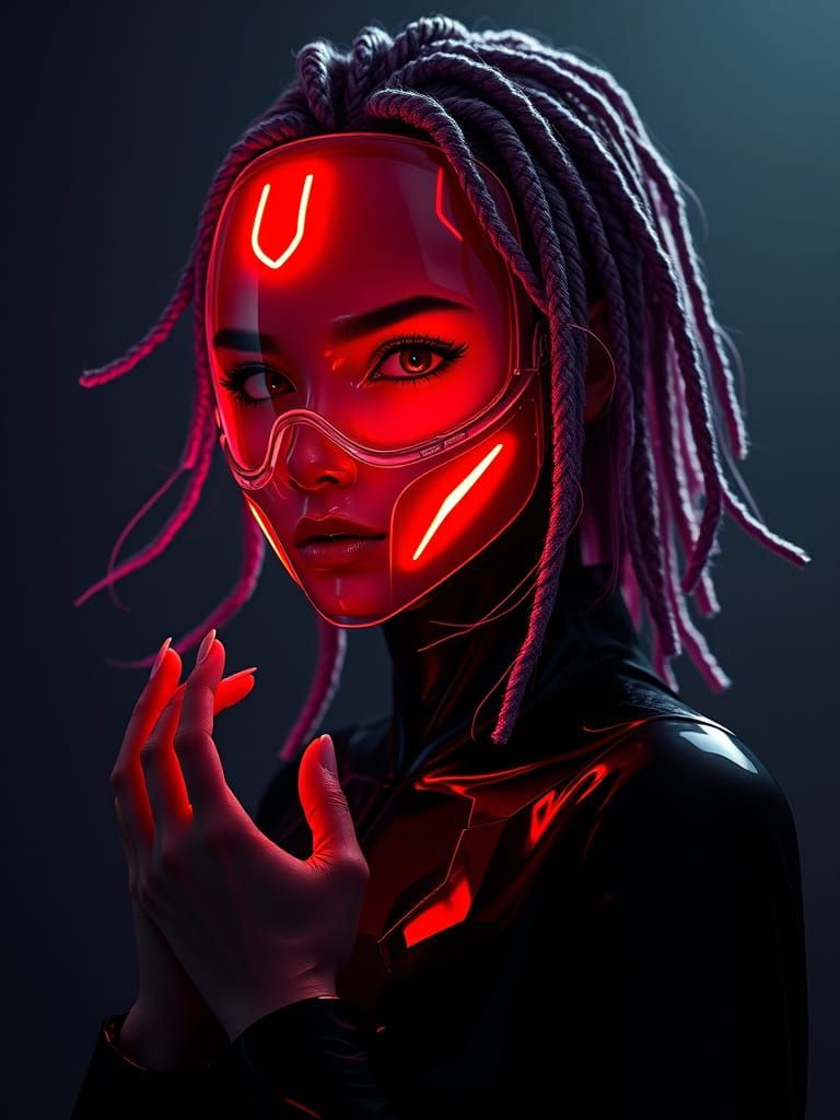 Ethereal Futuristic Goddess with Neon Mask